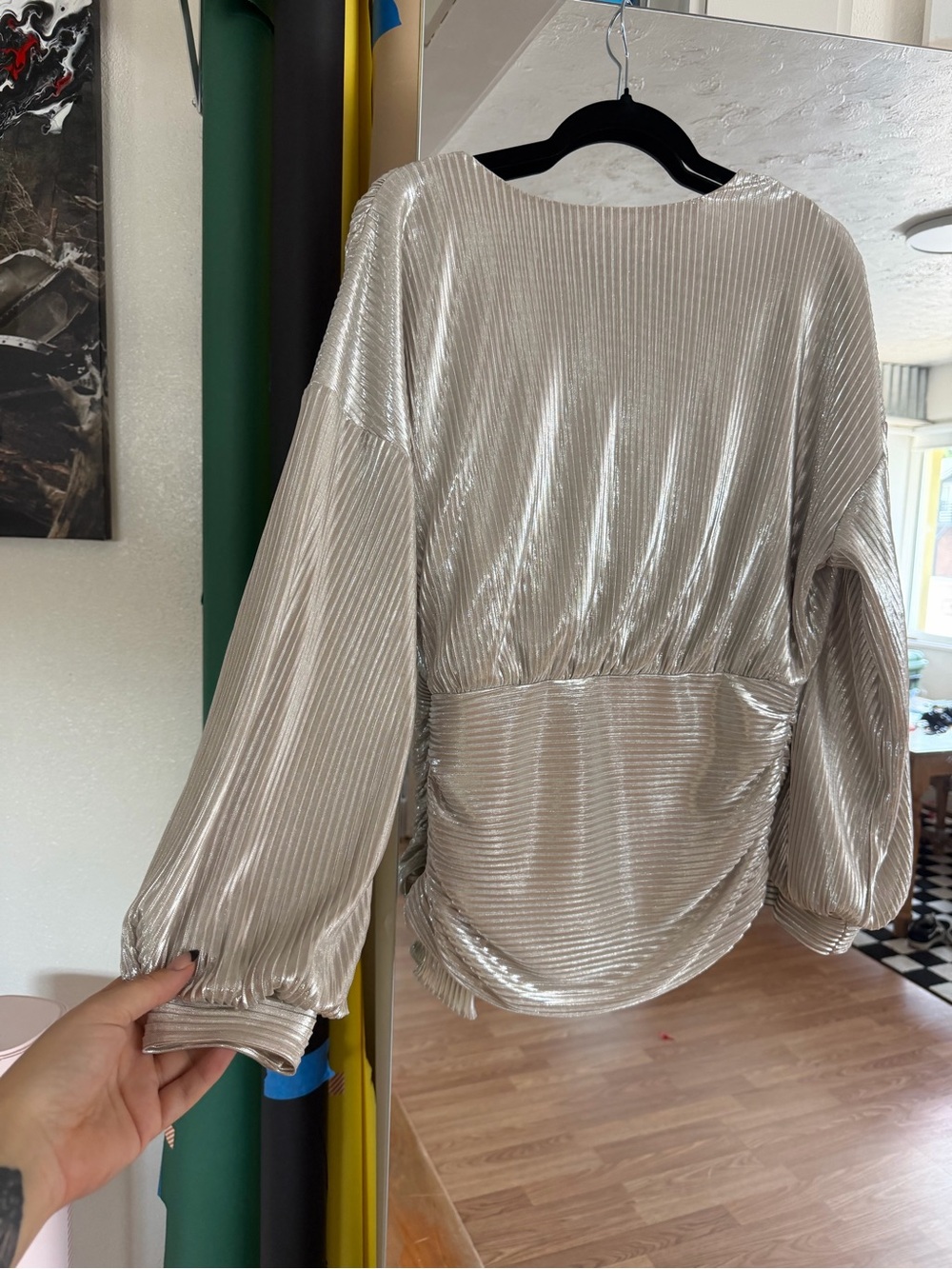 Express Silver Metallic Wrap Blouse with Side Tie - Picture 3 of 4